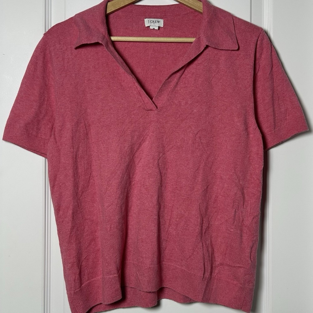 J.Crew Rose Pink Cotton Cashmere Blend Boxy Polo Knit Top Coquette Preppy Style